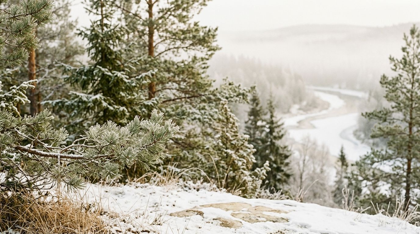 Misty forest with snow-covered evergreen branches and soft morning light filtering through trees.