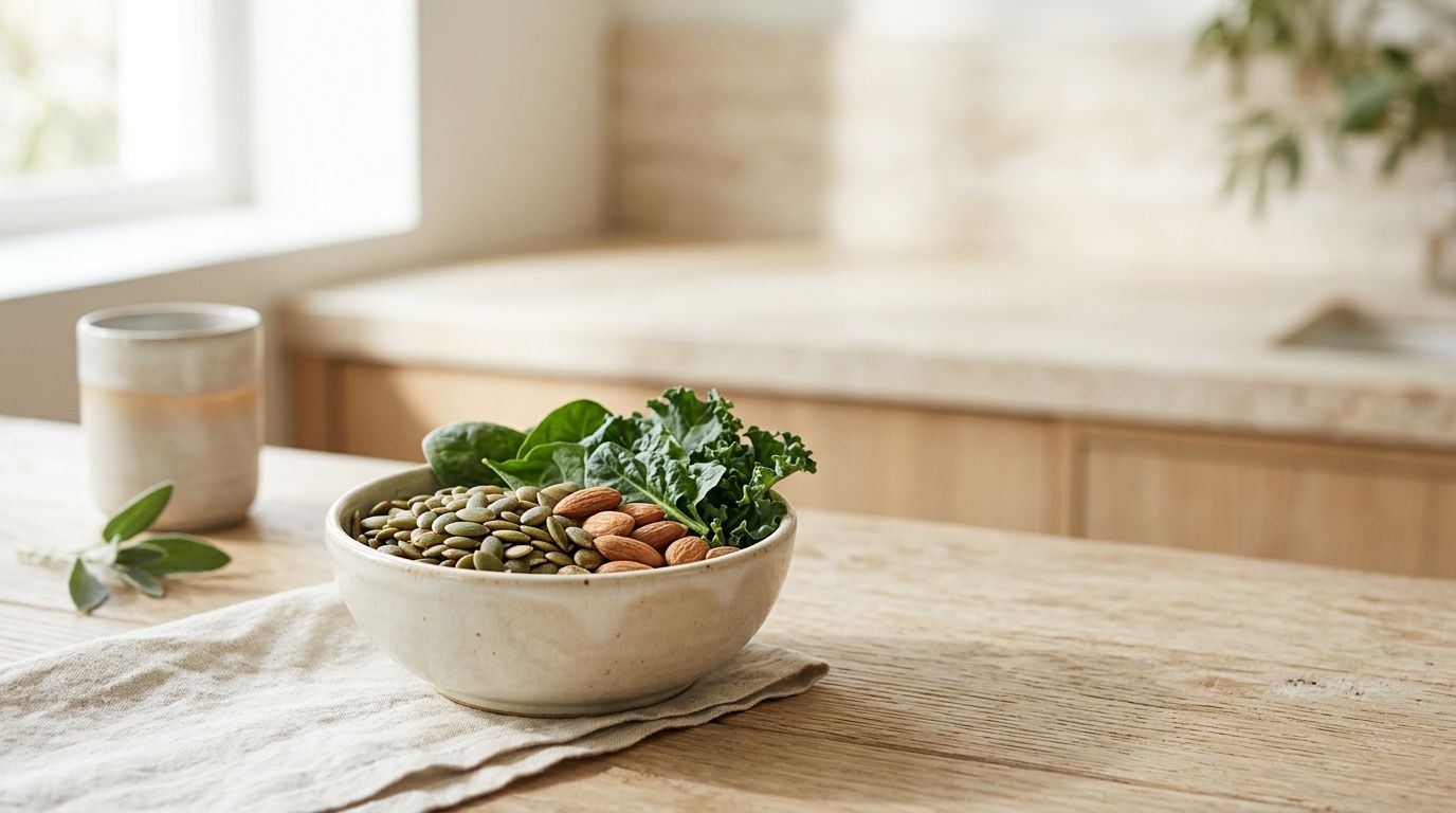 A small bowl of pumpkin seeds, almonds and dark leafy greens on a light wooden surface