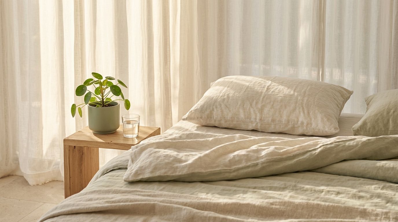 Warm-lit bedroom with soft shadows on white linens, open curtains, and minimal bedside items