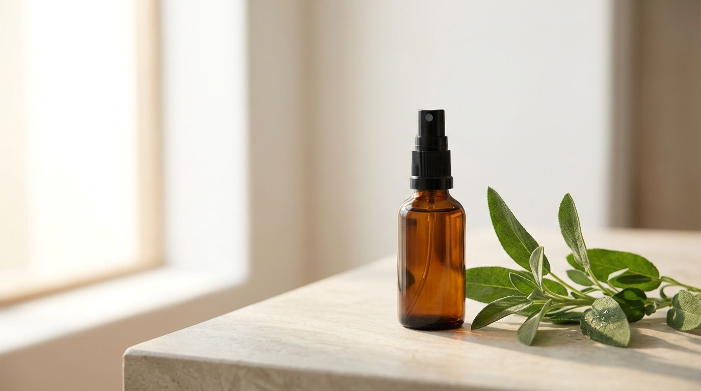 A small amber glass spray bottle on a clean, sunlit light surface beside fresh green leaves