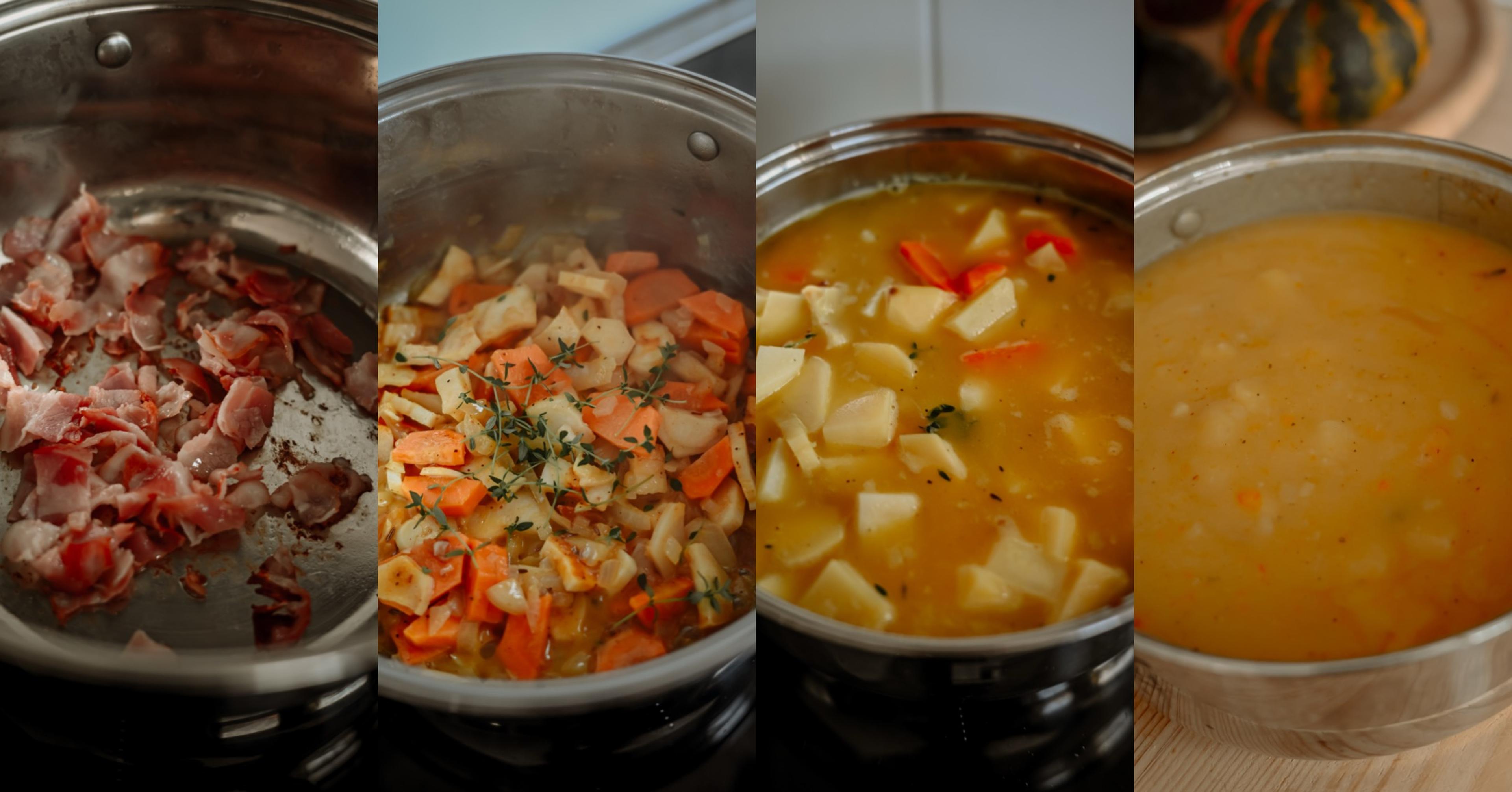 Kakukkfűves krumplikrémleves baconnel és sült csicseriborsóval