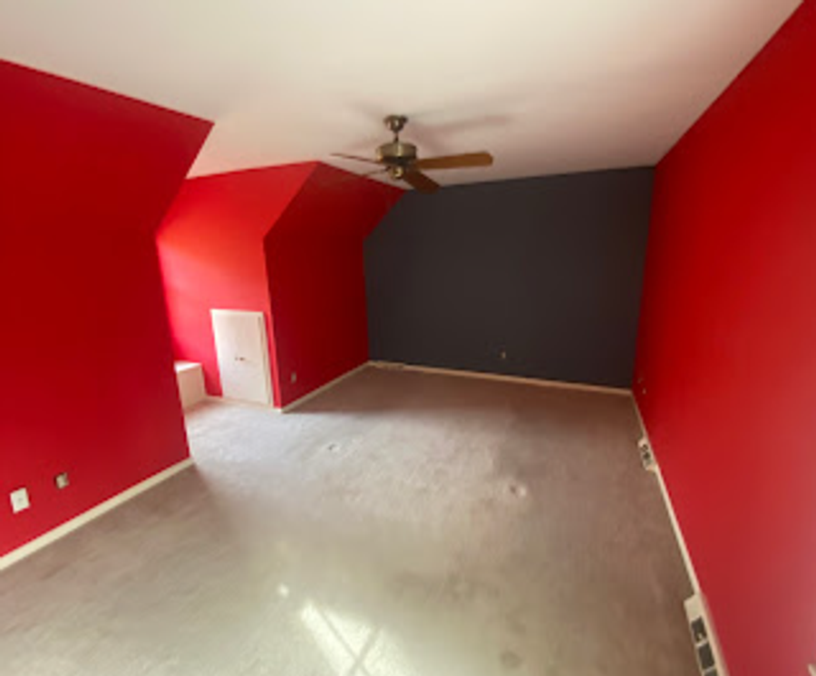 Bonus room with bold red walls and a single charcoal grey accent wall, ceiling fan and carpet