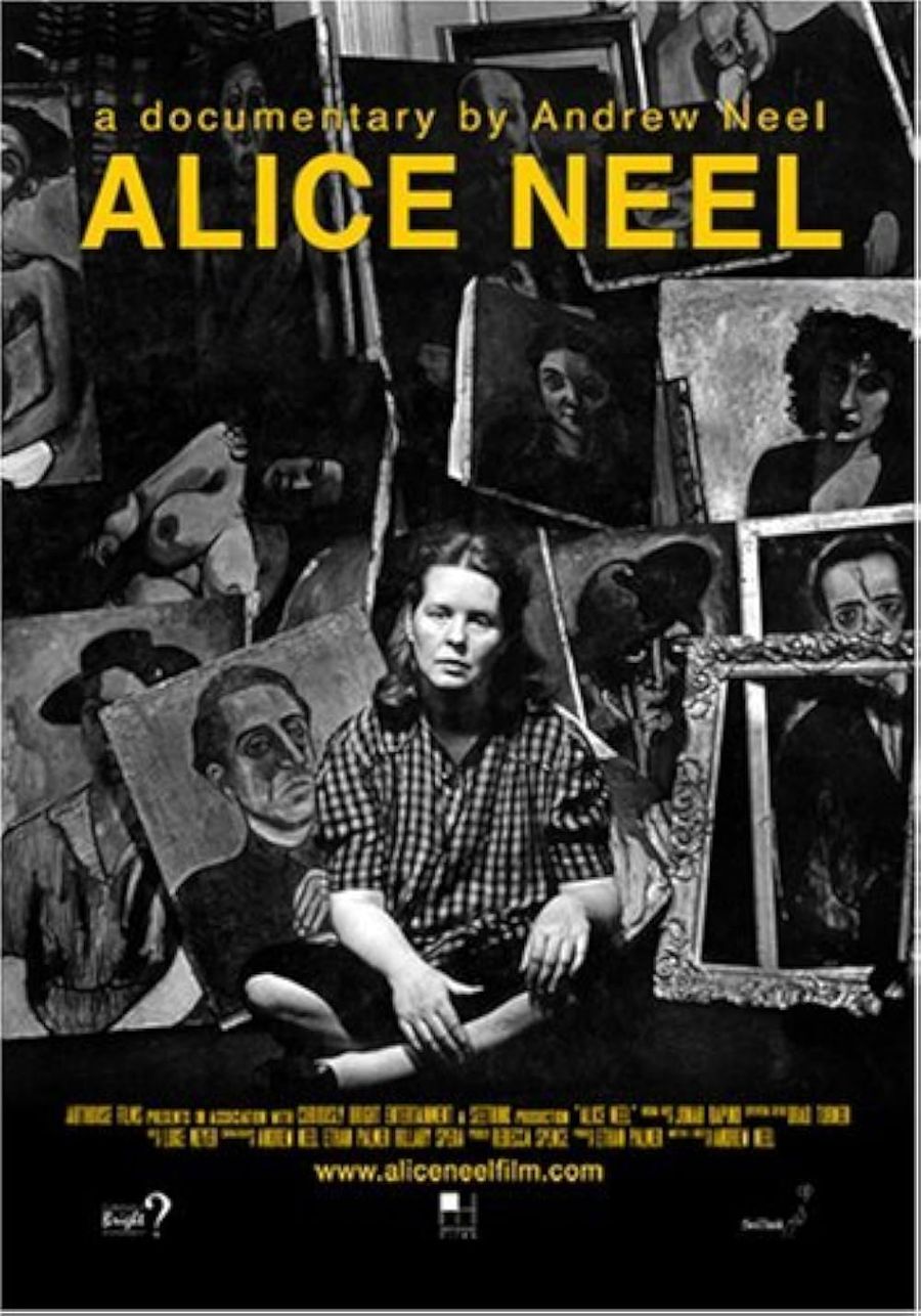 Poster for Alice Neel featuring the artist surrounded by painted portraits