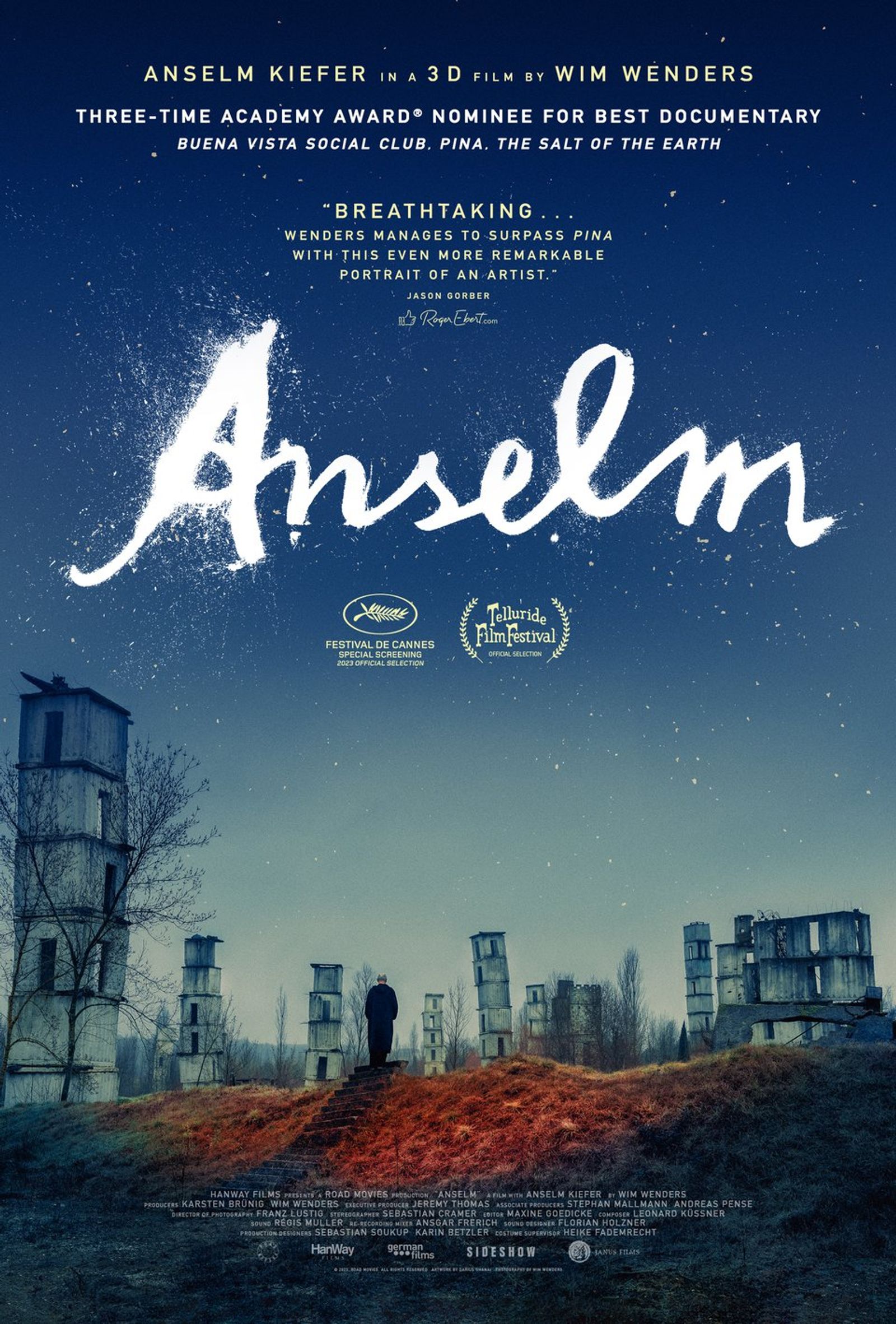 Poster for Anselm, showing a lone figure among monumental towers beneath a blue sky
