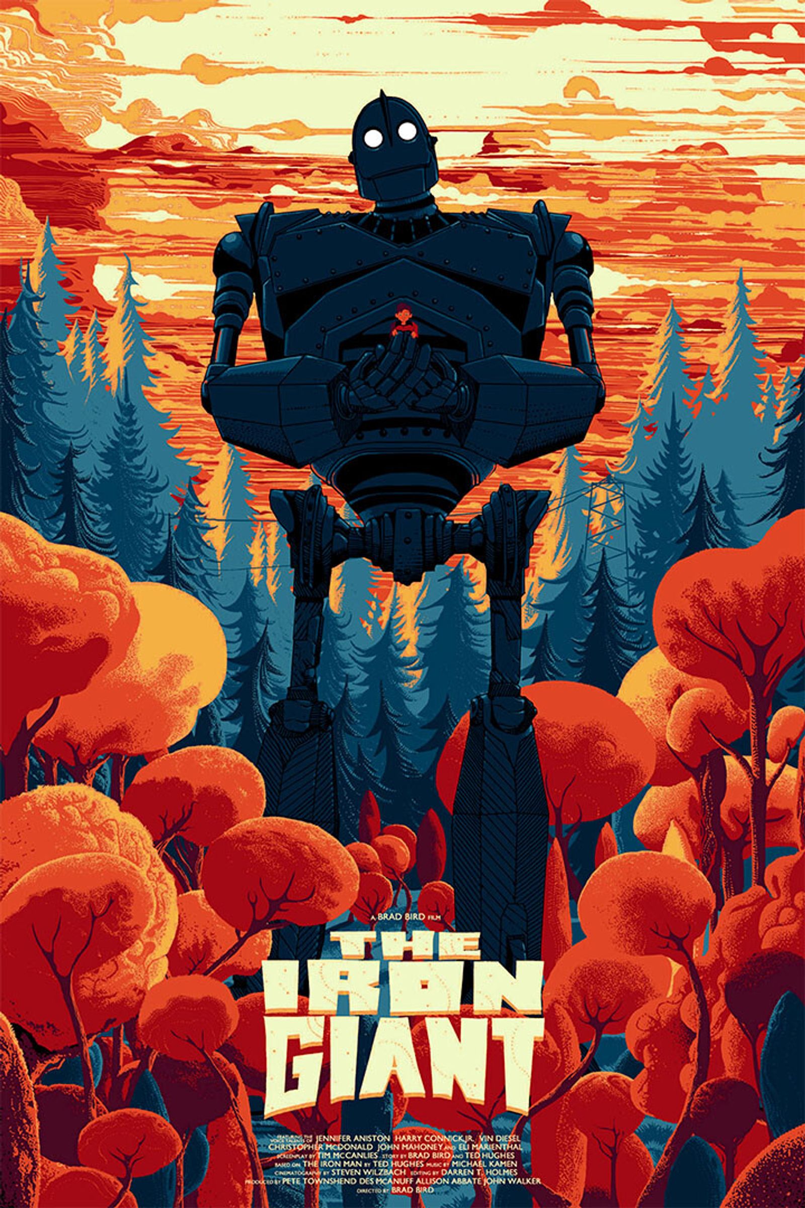 Poster for The Iron Giant showing the giant robot holding a child in an autumn landscape
