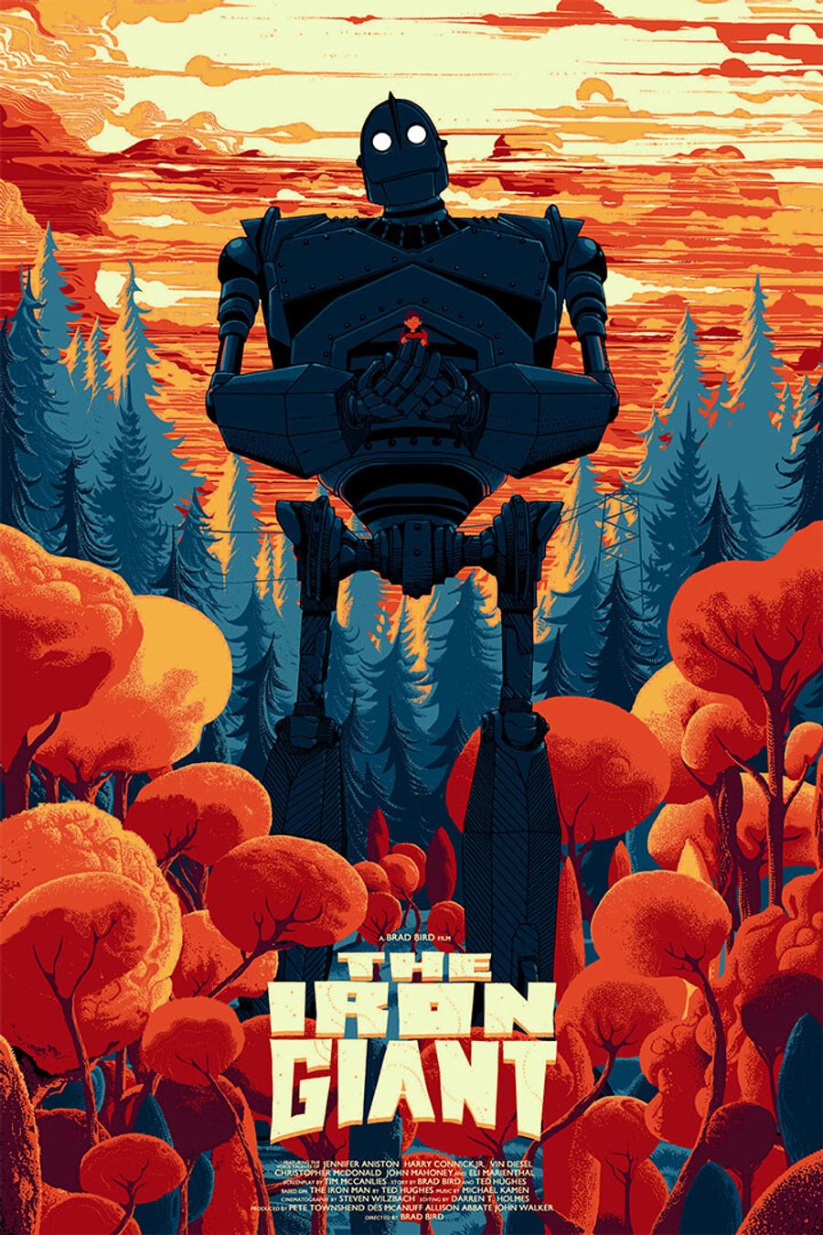 Poster for The Iron Giant showing the giant robot holding a child in an autumn landscape