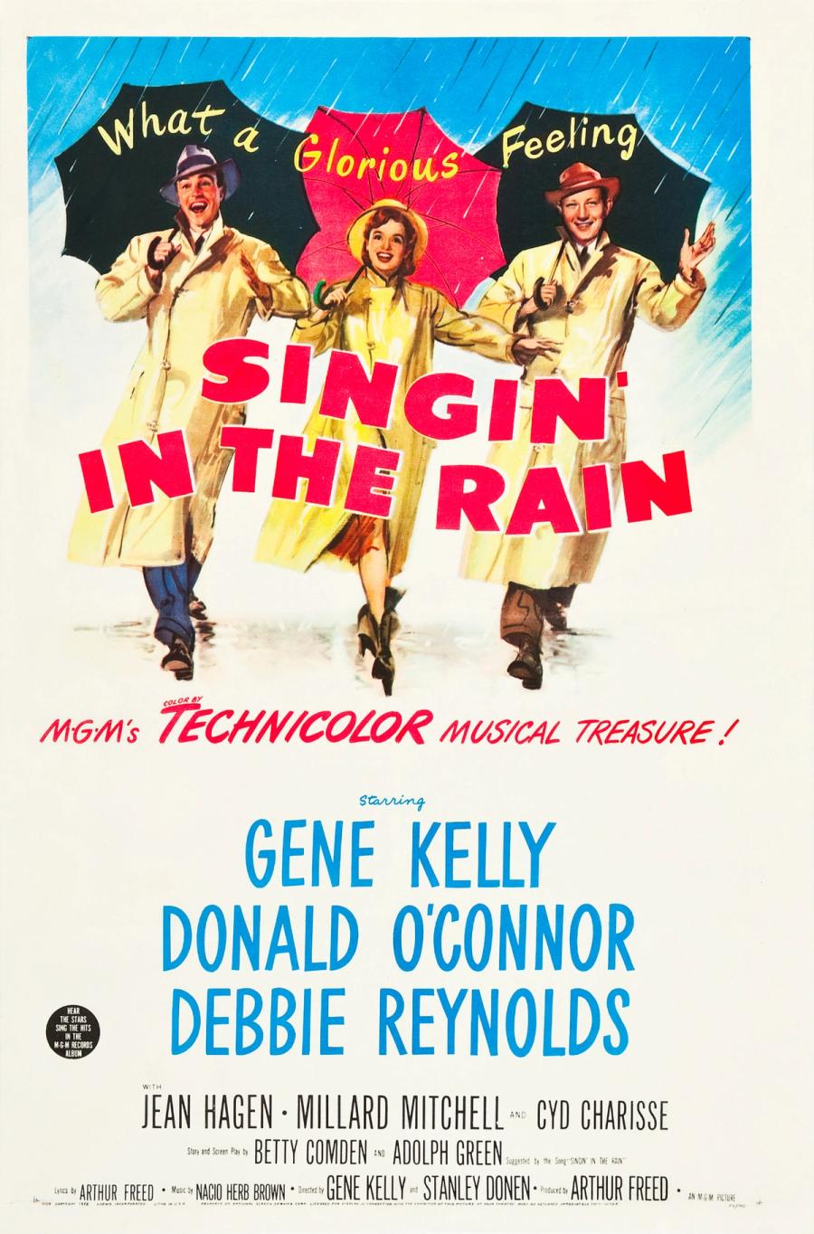 Vintage poster for Singin' in the Rain featuring Gene Kelly, Debbie Reynolds, and Donald O'Connor