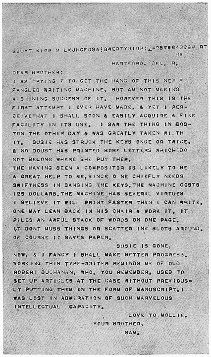 Mark Twain's typed letter to his brother dated 9 December 1874, with stray characters above the address and errors in the text