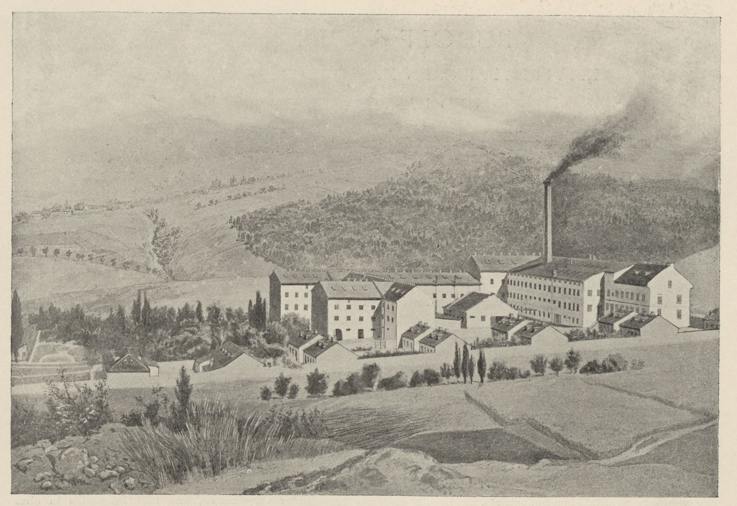 Thonet's Koritschan factory with long buildings and a chimney among wooded hills