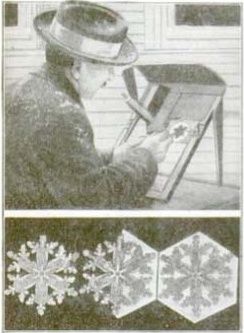 Bentley working on a photographic plate above three views of a crystal at different stages of blocking out.