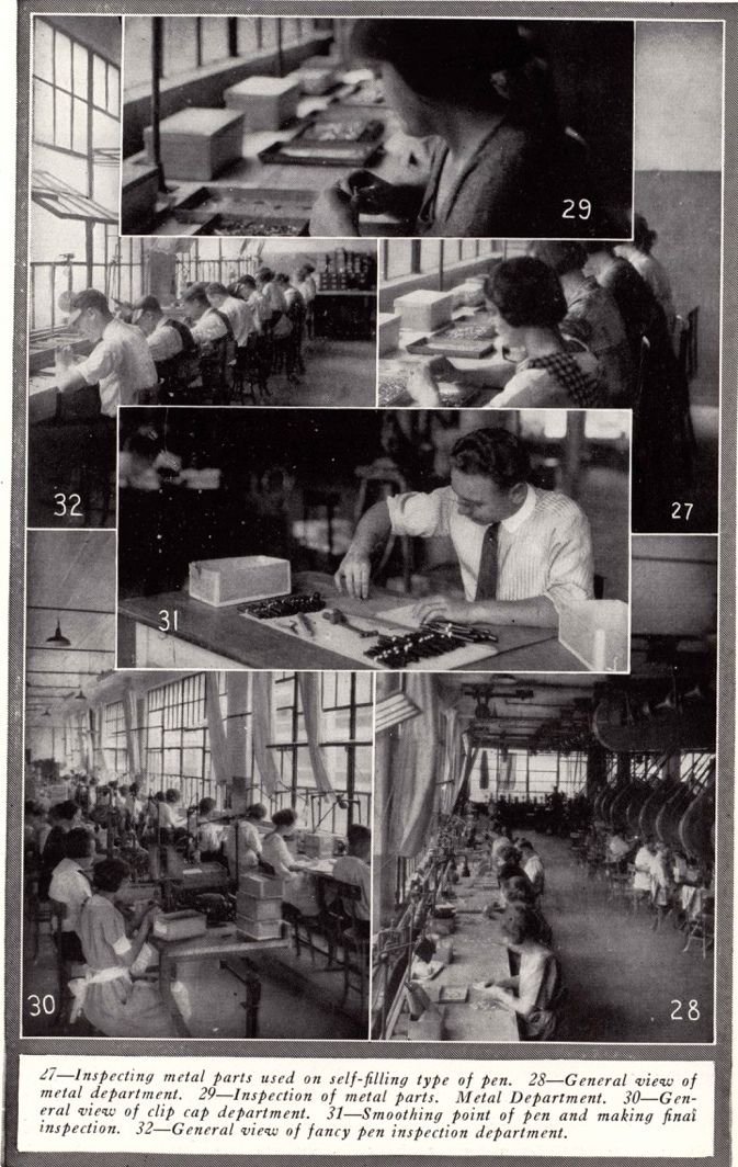 Montage of Waterman factory workers inspecting parts and testing pens, with a man adjusting a writing point in the centre