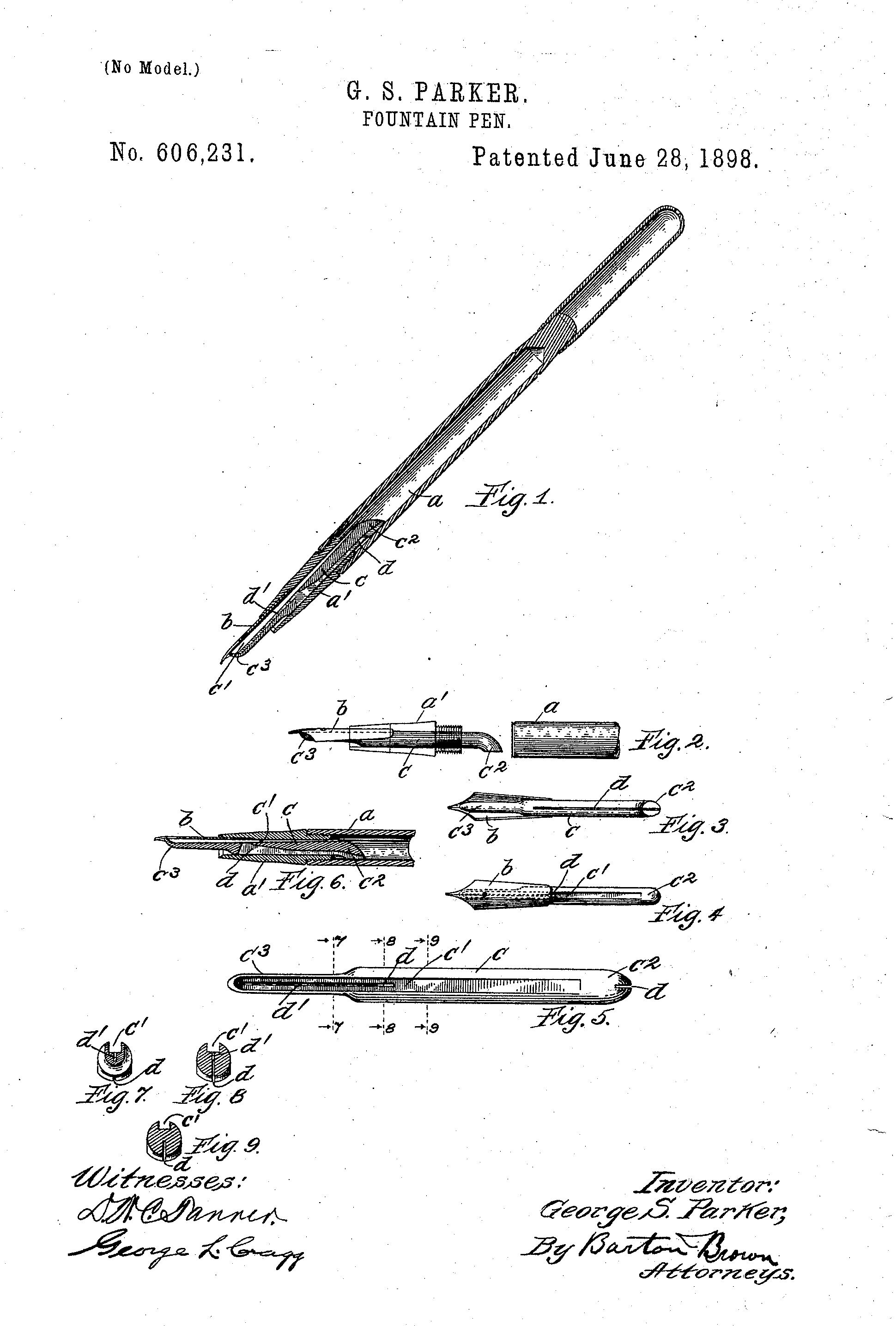 Parker’s 1898 patent drawings, with a curved inner feed end reaching towards the reservoir wall