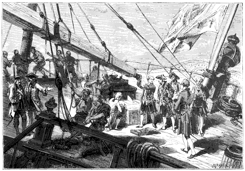 A later engraving imagines Le Gentil using a long telescope on a ship’s crowded deck, surrounded by sailors and rigging