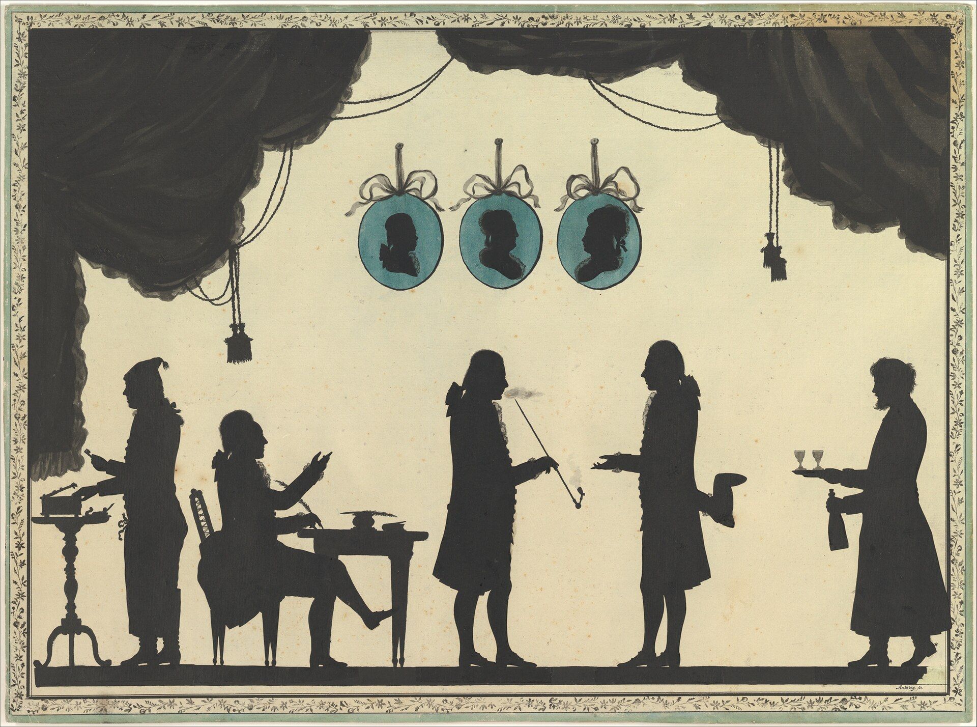 A silhouette scene with men negotiating at a table, a craftsman at a strongbox and imperial portraits above.
