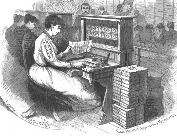 An engraved office scene shows a woman seated at a Hollerith press, with counters in front, cards beside her and other clerks behind.