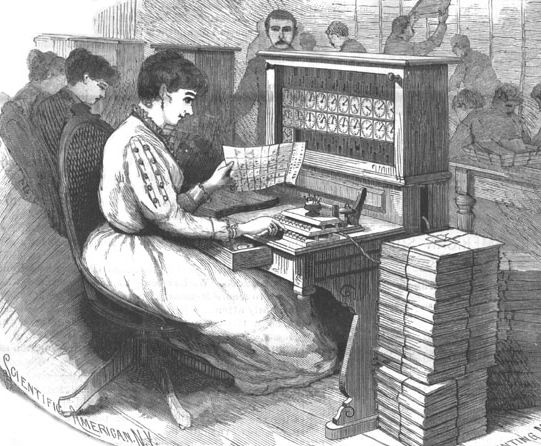 An engraved office scene shows a woman seated at a Hollerith press, with counters in front, cards beside her and other clerks behind.