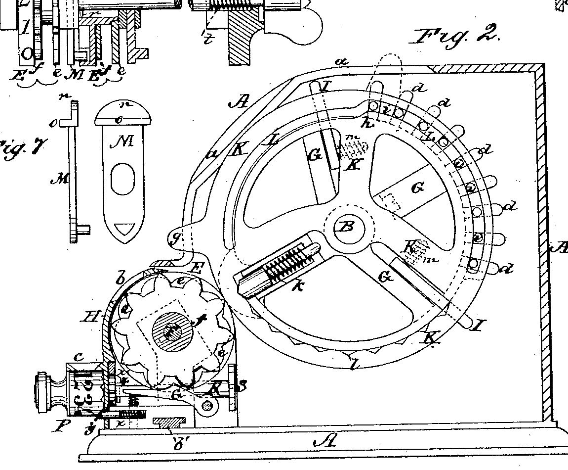 Cross-section from Odhner’s 1878 patent, with projecting teeth around a large wheel engaging the smaller number-wheel gear below