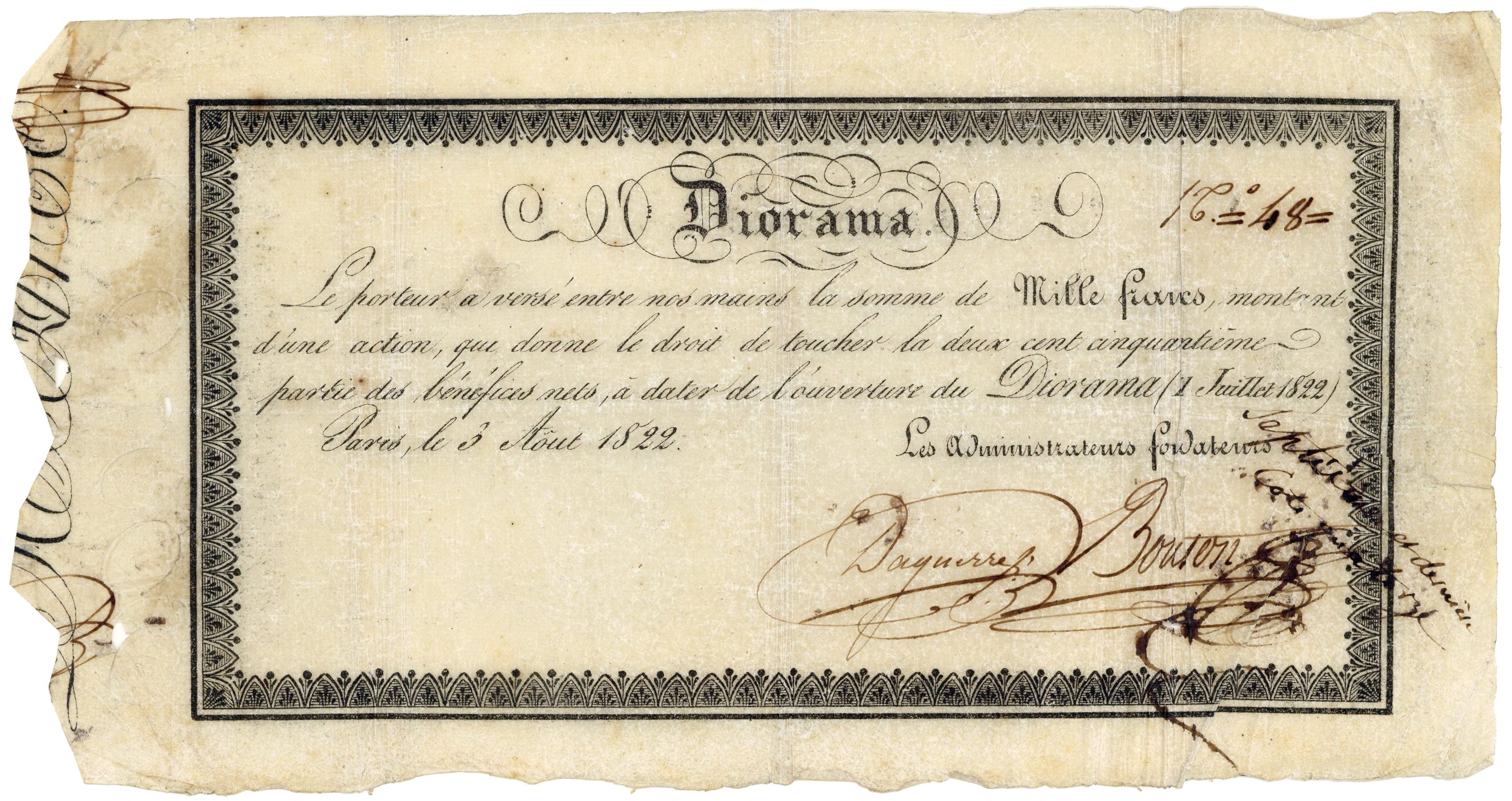 A handwritten and printed Diorama share certificate promises a portion of net profits and bears the signatures of Daguerre and Bouton.