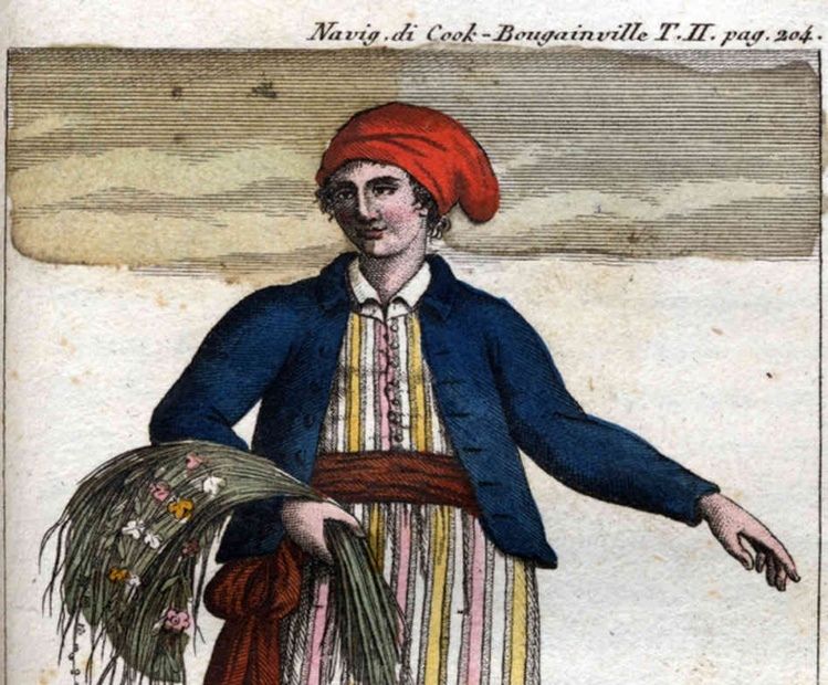 A hand-coloured engraving depicting Baret in a red cap, blue jacket and striped trousers, carrying a bundle of plants
