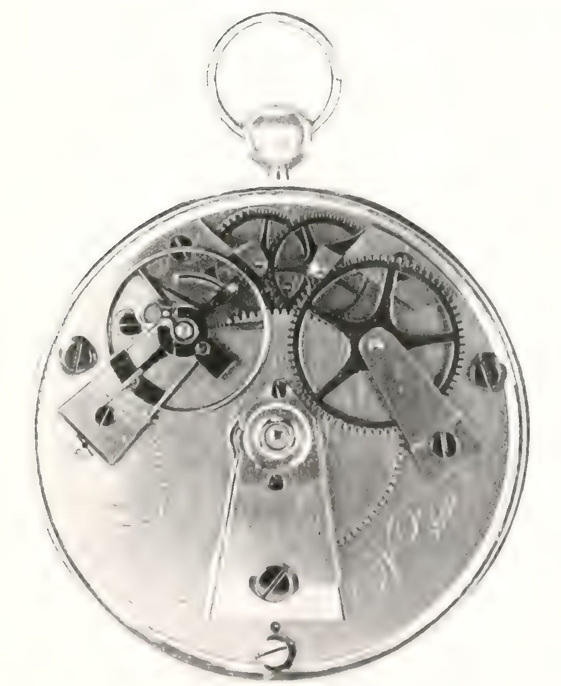 The back of the same 1821 Breguet watch, with its central winding position, large barrel and wheels visible beneath separate bridges