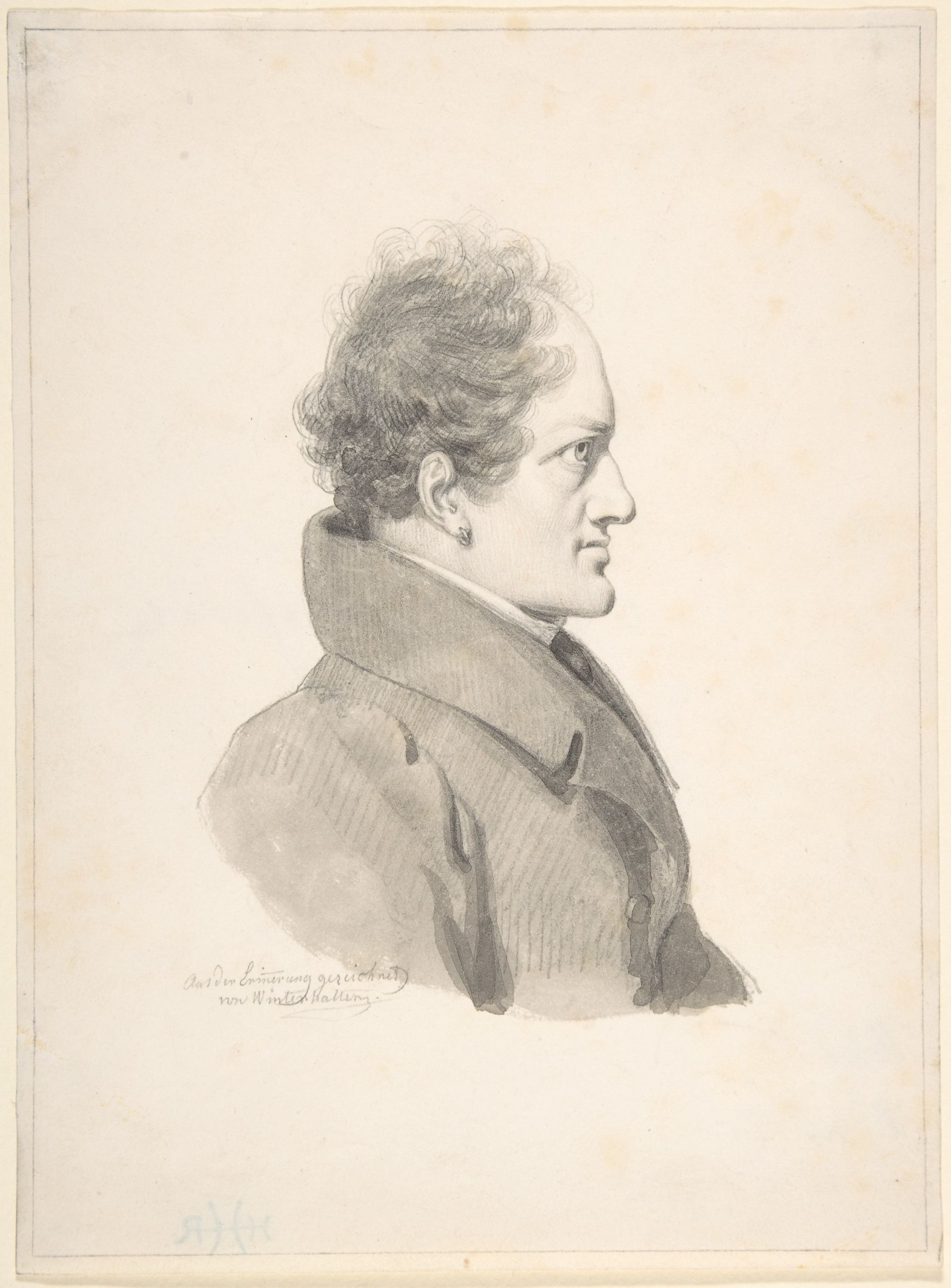Alois Senefelder in profile, with a high collar and curled hair, in a graphite and grey-wash portrait