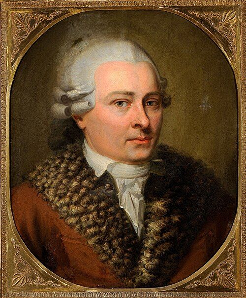 Painted portrait of David Roentgen in a powdered wig and fur-trimmed brown coat.