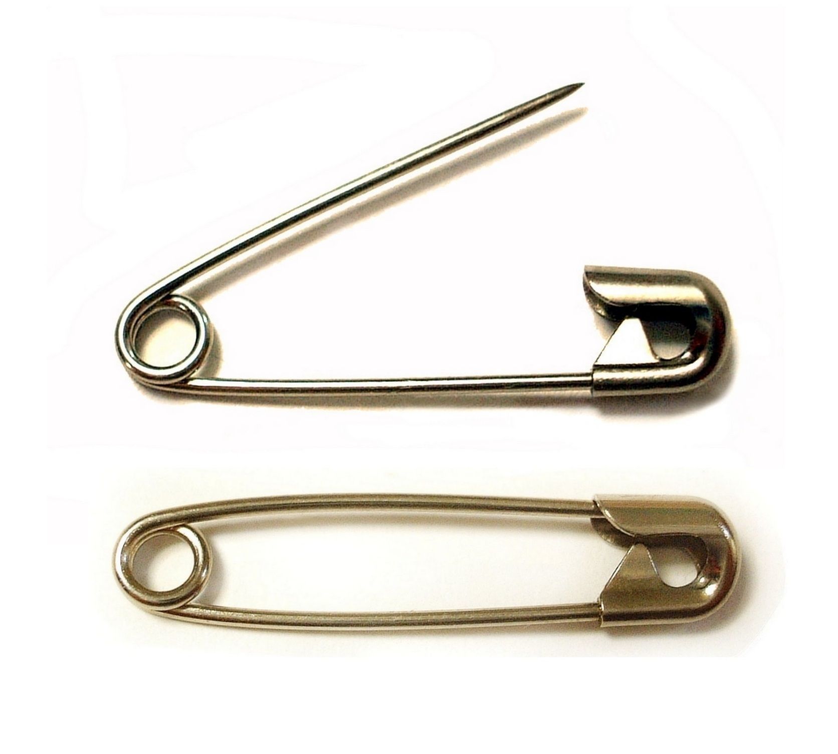 An open safety pin above a closed one