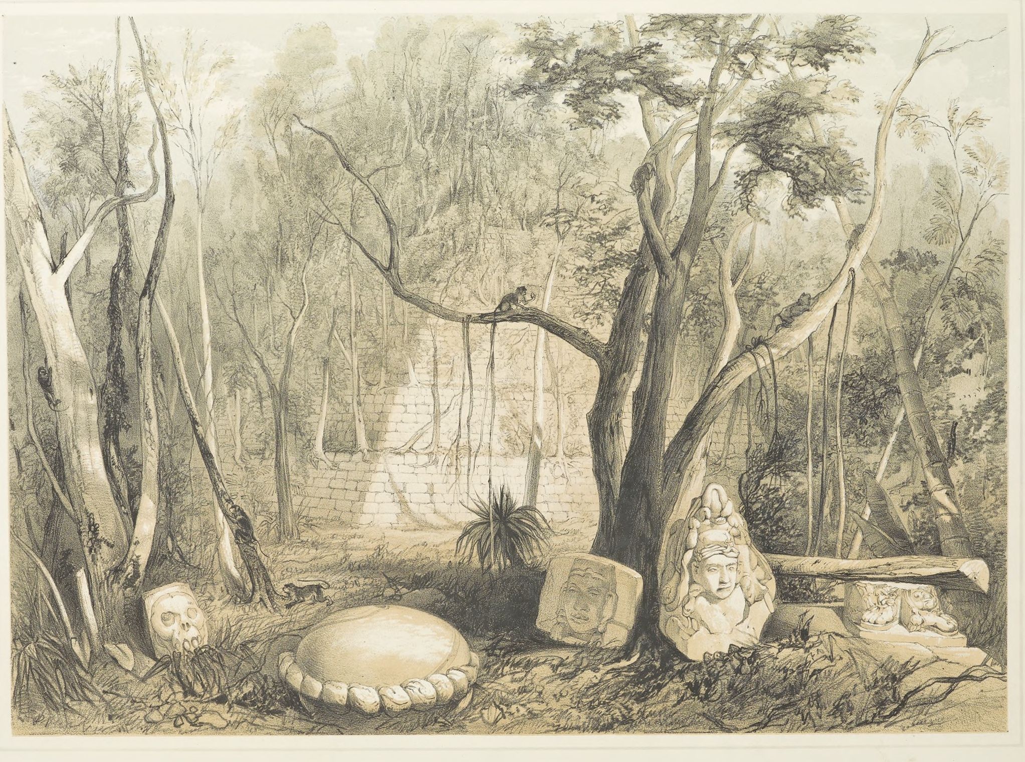 Catherwood and Warren's lithograph of carved fragments before a forest-covered stepped mound at Copán