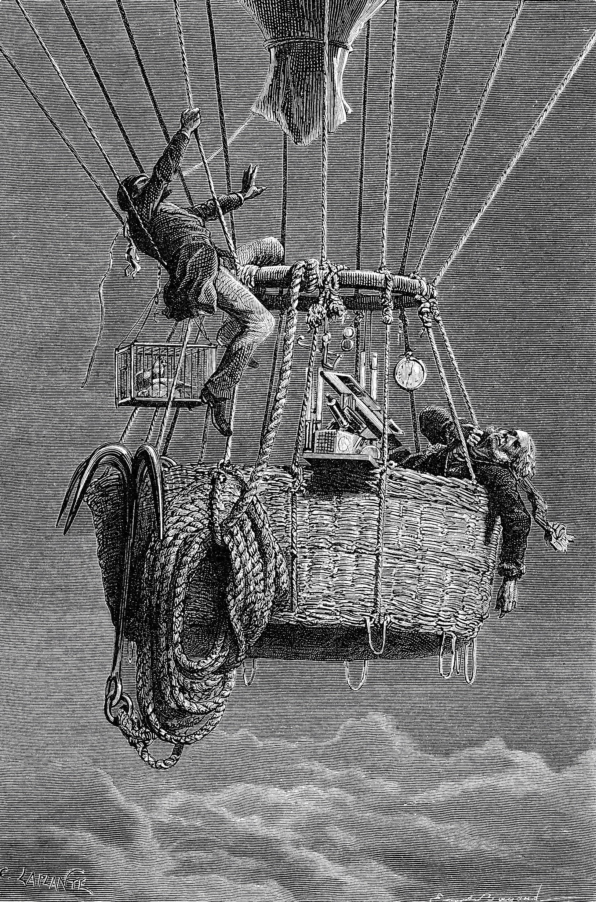 An engraving imagines Coxwell climbing the balloon rigging while Glaisher lies powerless across the basket edge