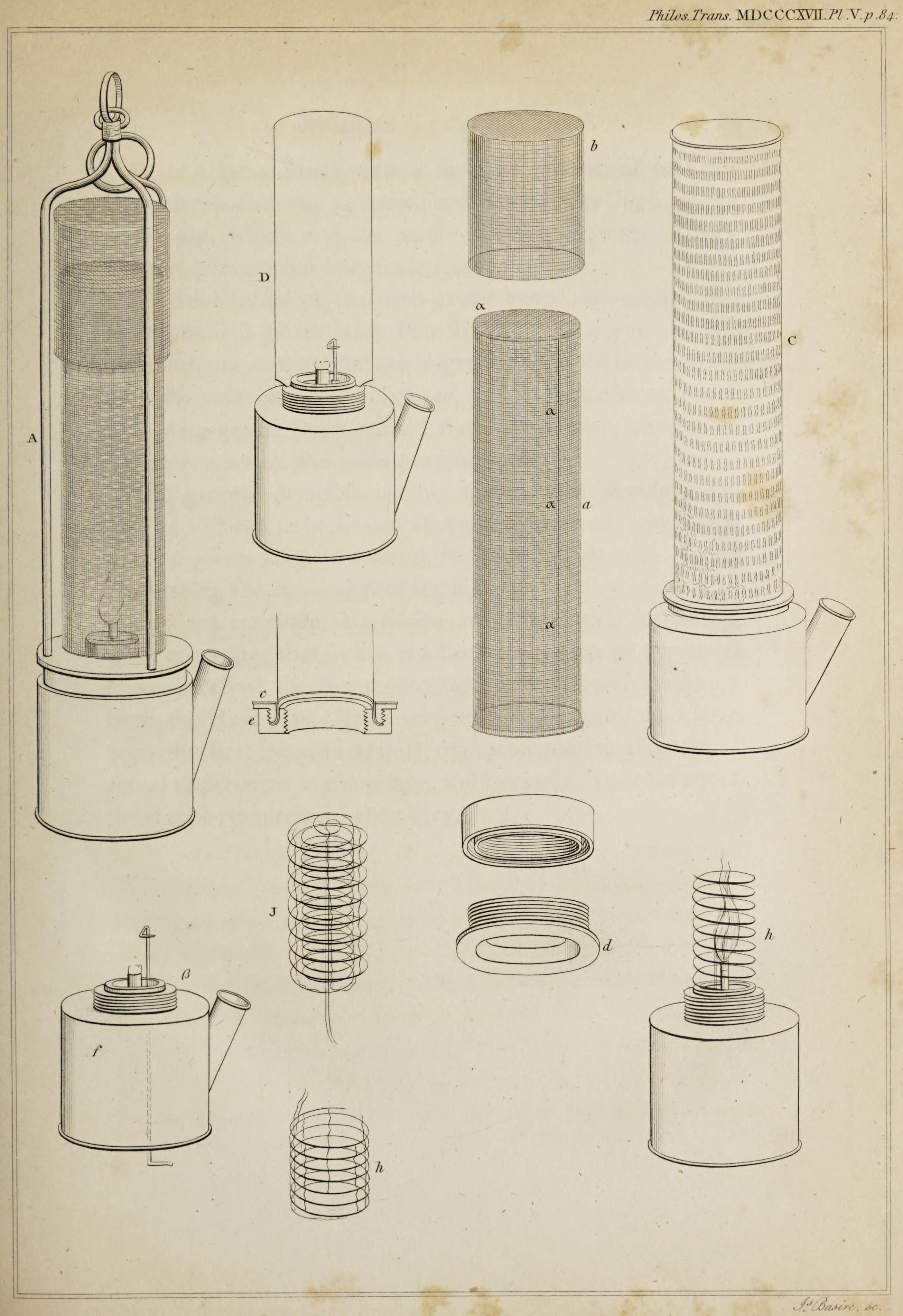 An assembled gauze lamp and its separate cylinders, reservoir and experimental wire attachments