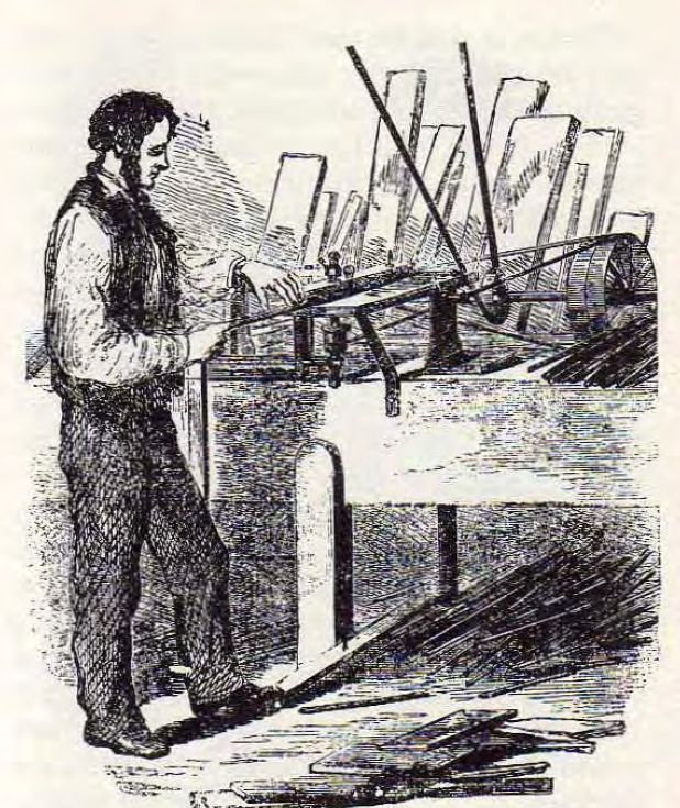 An illustration published in 1872 of a worker cutting and grooving pencil wood at a bench