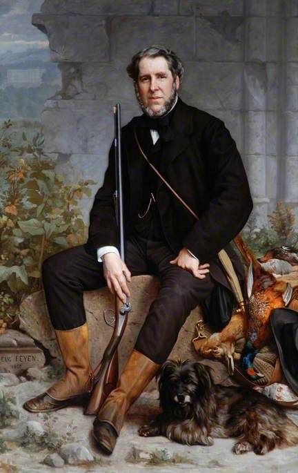 John Bowes standing with a walking stick and dogs in a painted landscape.