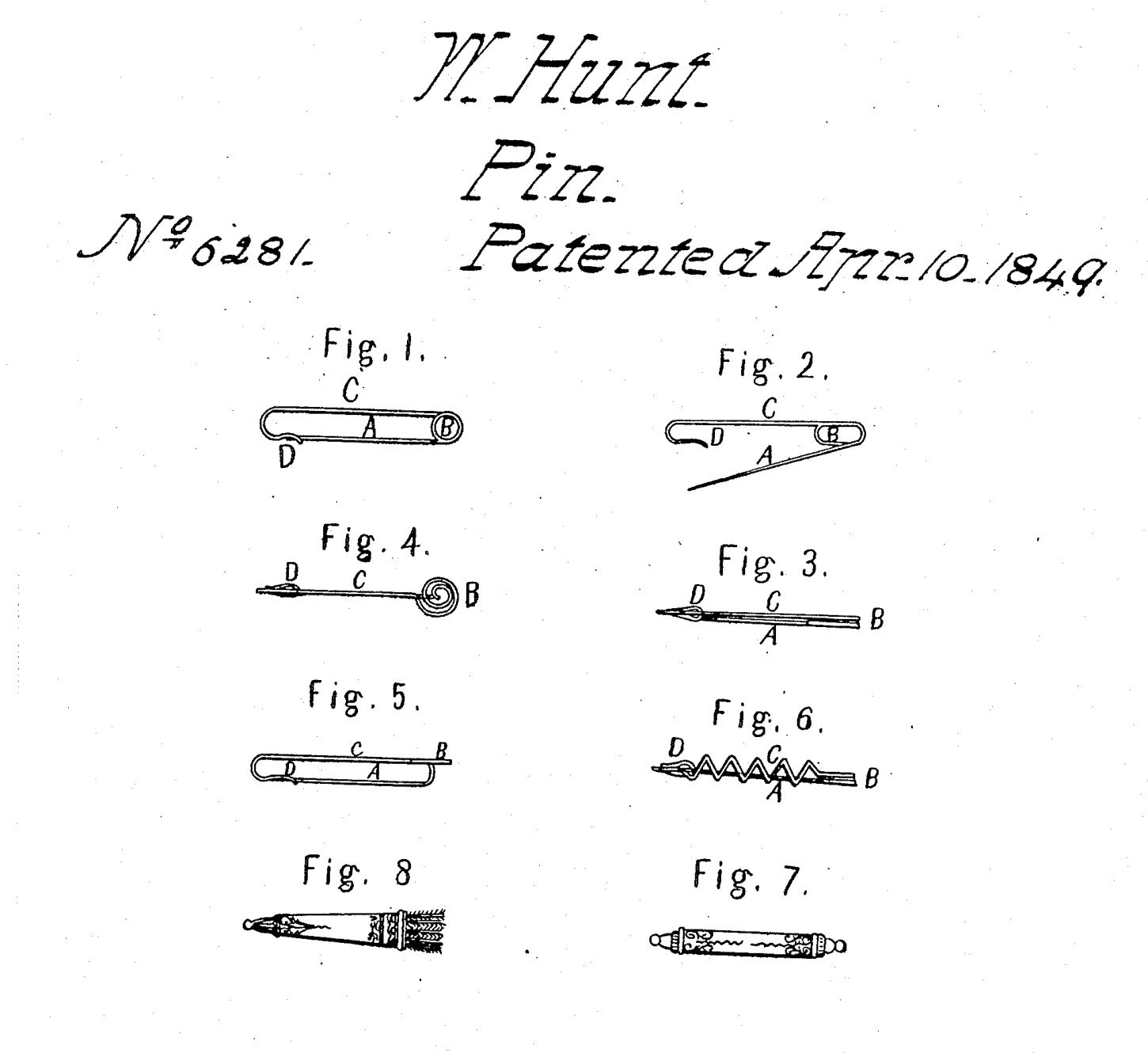 Hunt’s patent drawing, with eight views of plain and ornamental dress pins