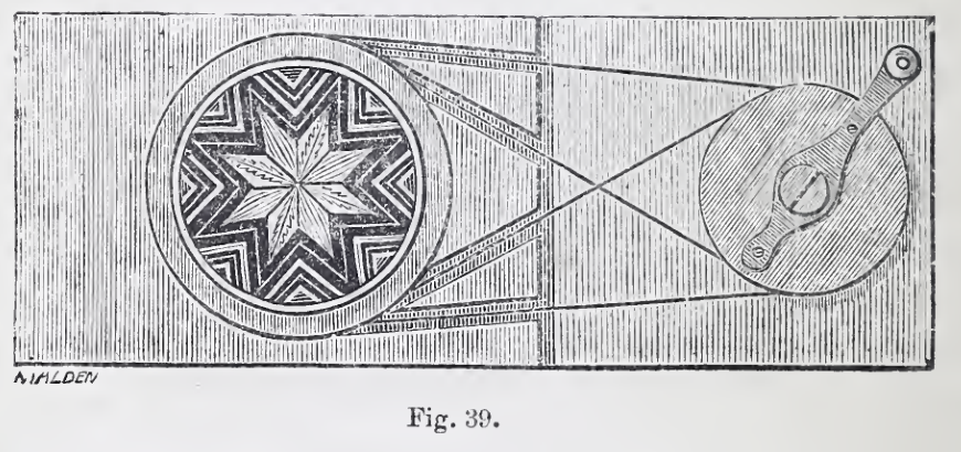 An engraving shows a patterned circular slide connected by a crossed band to a large wheel and hand crank.