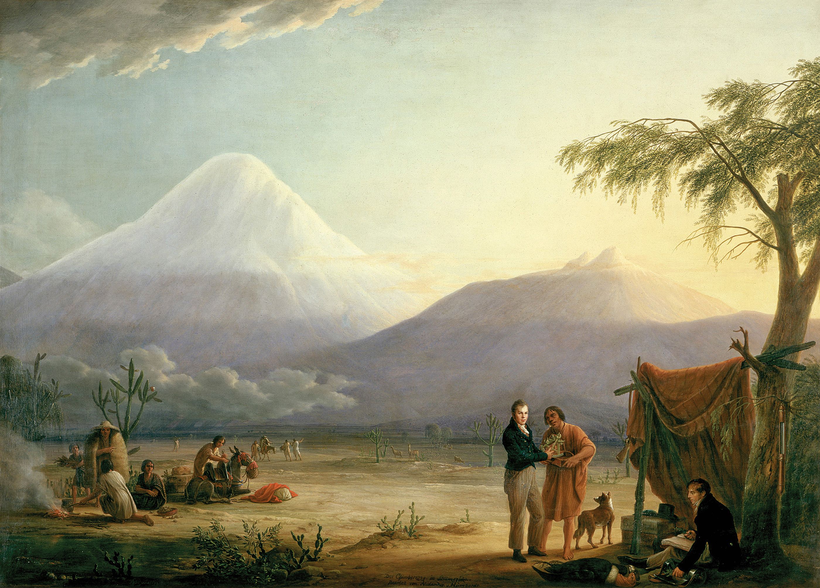 Humboldt standing and Bonpland seated with plants and collecting equipment in a painted Andean landscape