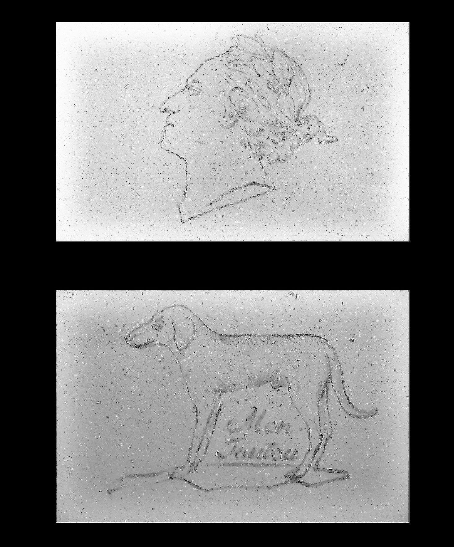 Two drawings made by the Draughtsman: a royal profile and a dog above the words Mon Toutou.