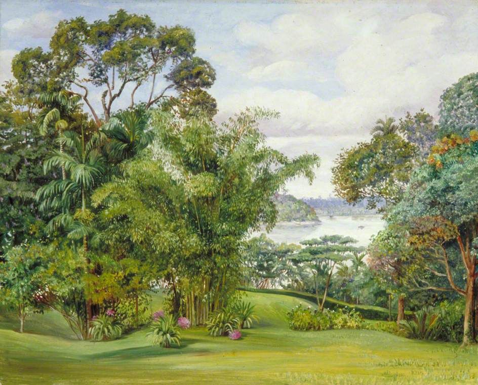 A lawn and richly planted garden overlooking a broad river.