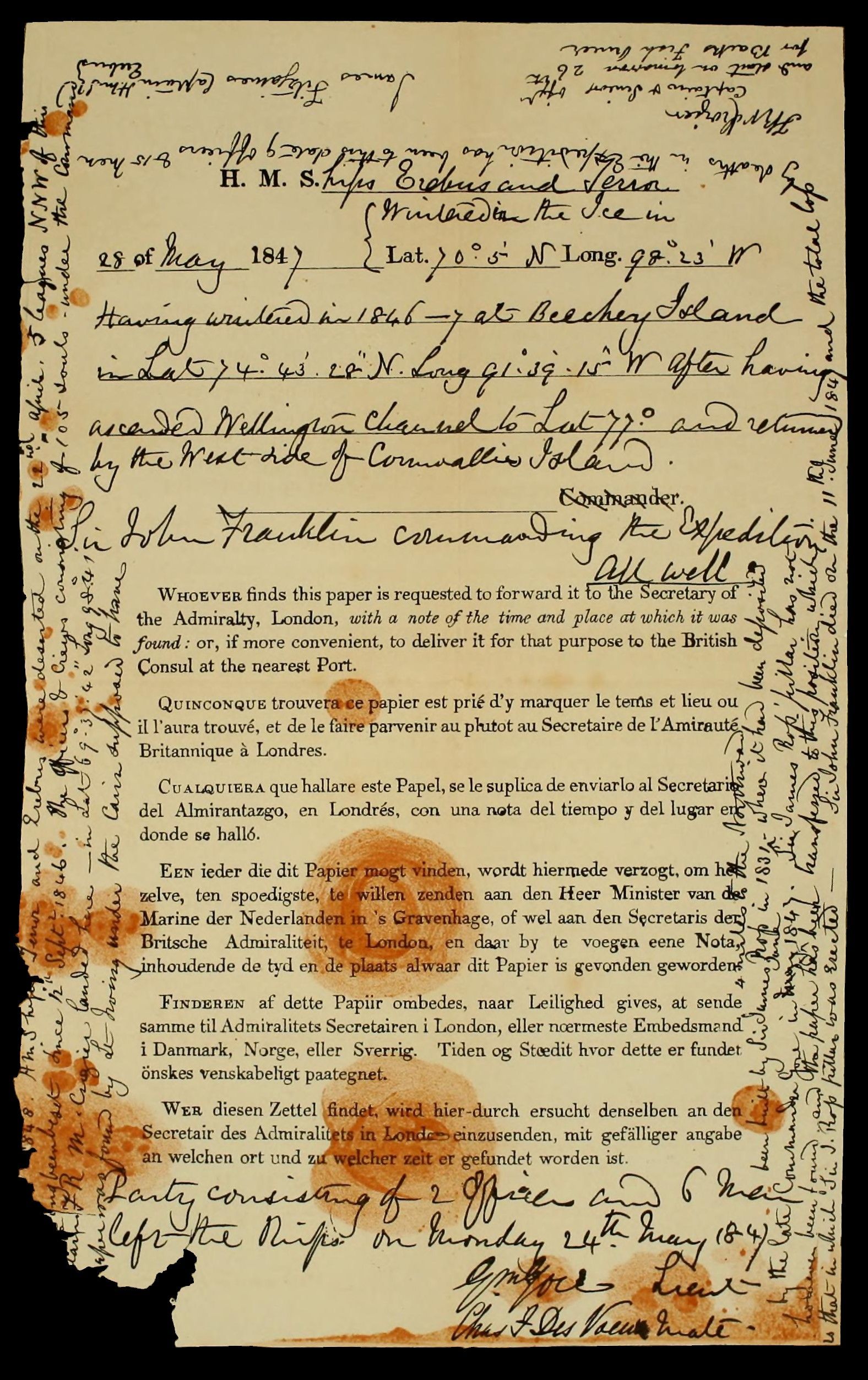 The Victory Point record, with a central message and later writing around its edges