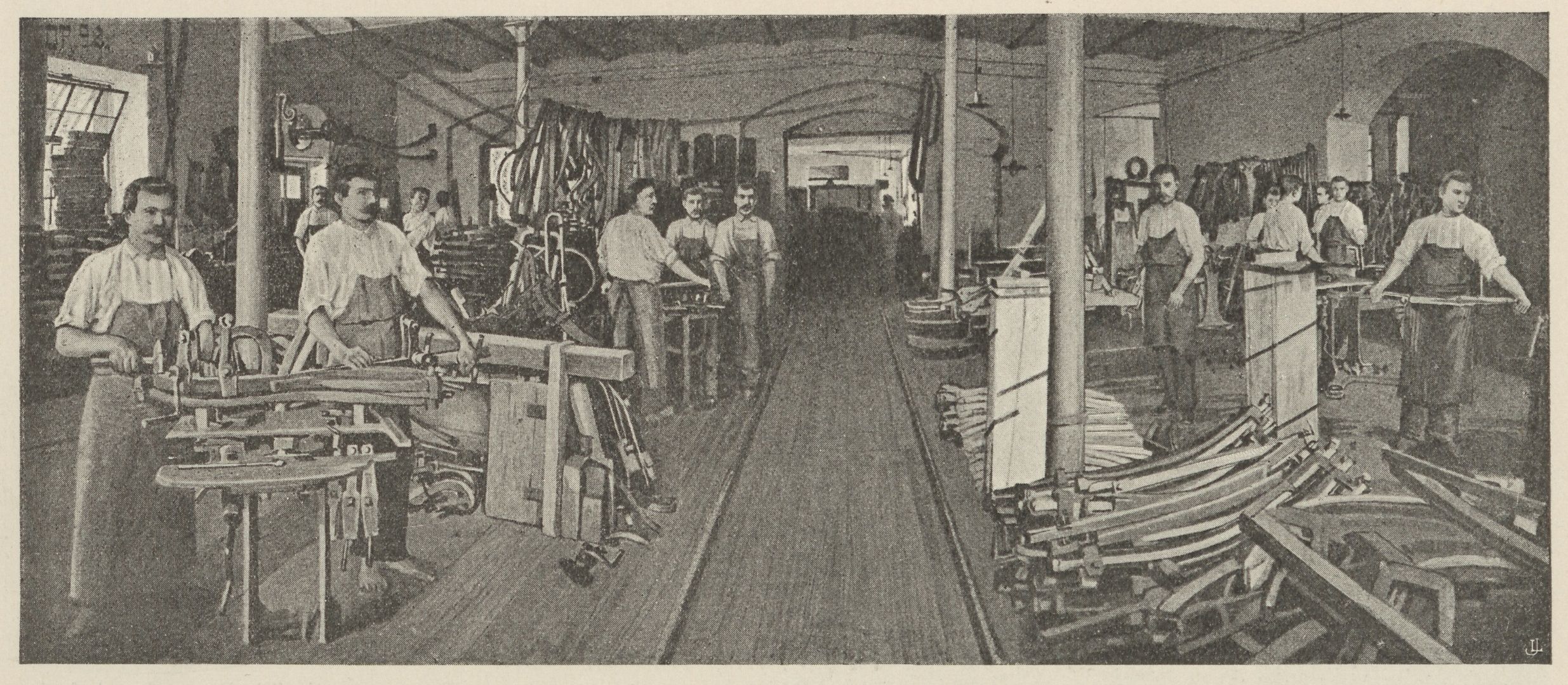 Workers at forms and benches in Thonet's Bistritz bending workshop