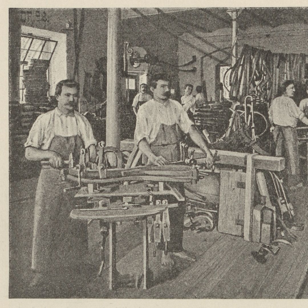 Workers bending and clamping wooden parts in Thonet's Bistritz workshop