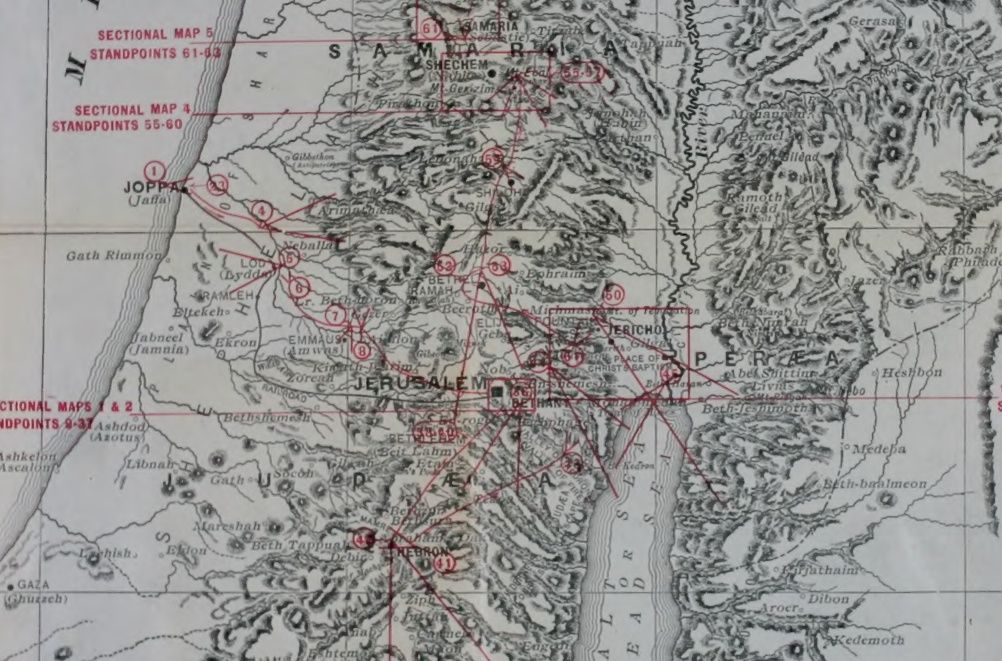 A section of the tour map showing numbered red viewpoints at Jaffa and along the route towards Jerusalem