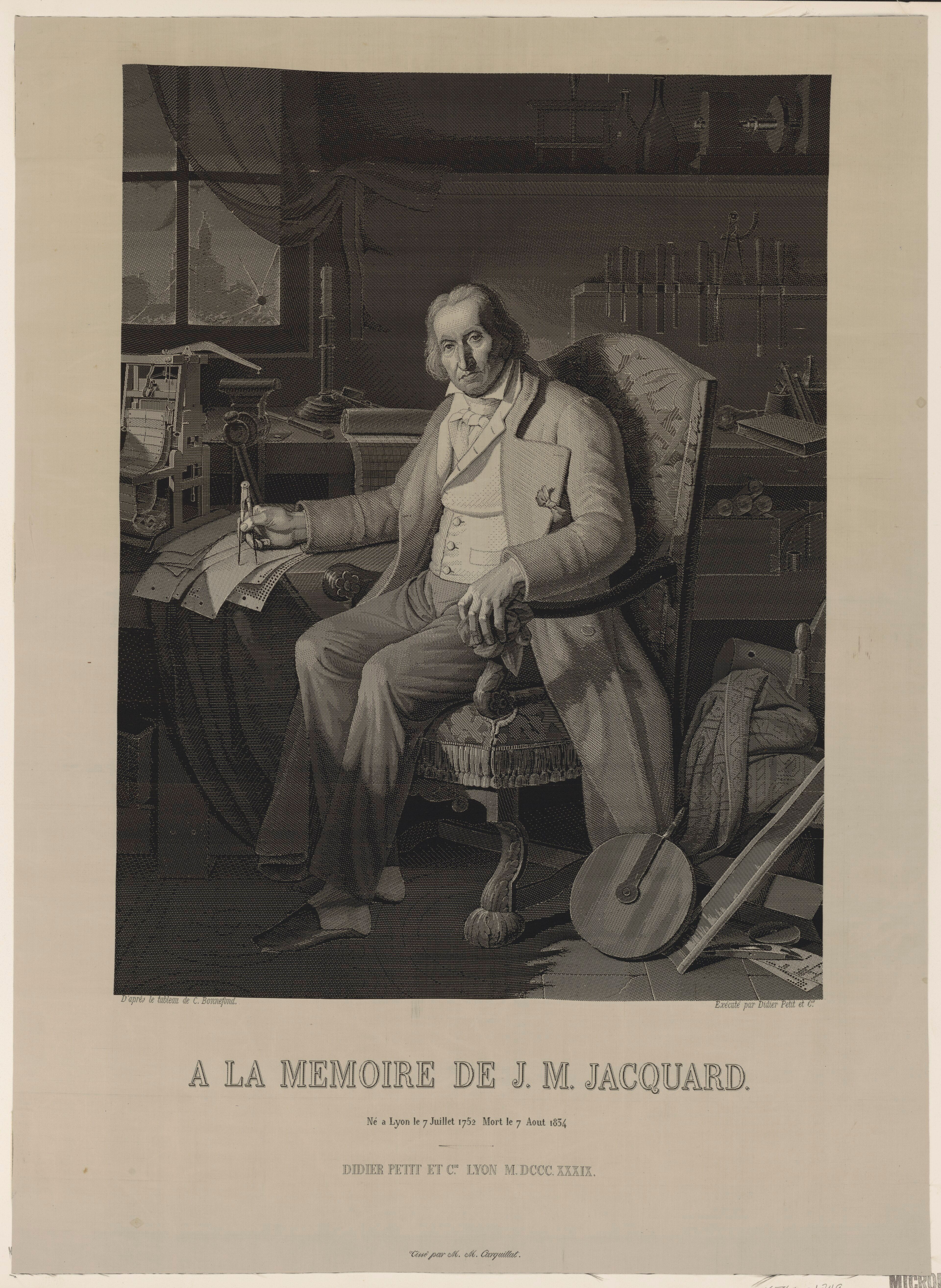 Joseph-Marie Jacquard sits holding compasses beside a model loom and punched cards in a detailed woven workshop portrait.