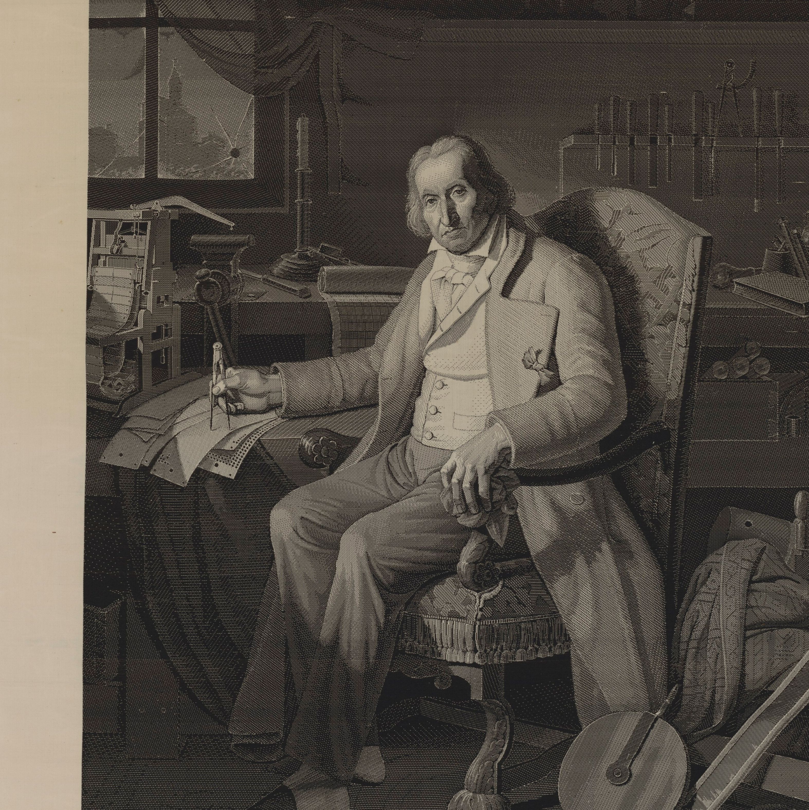 Joseph-Marie Jacquard sits holding compasses beside a model loom and punched cards in a detailed woven workshop portrait.