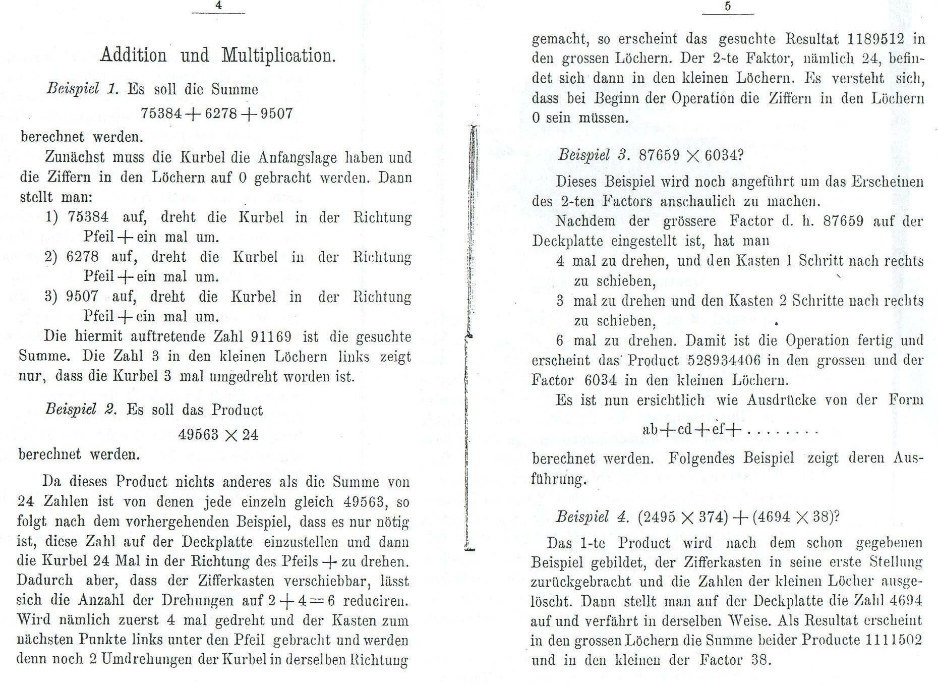 The 1890 German manual’s addition and multiplication pages, including the examples 49563 times 24 and 87659 times 6034