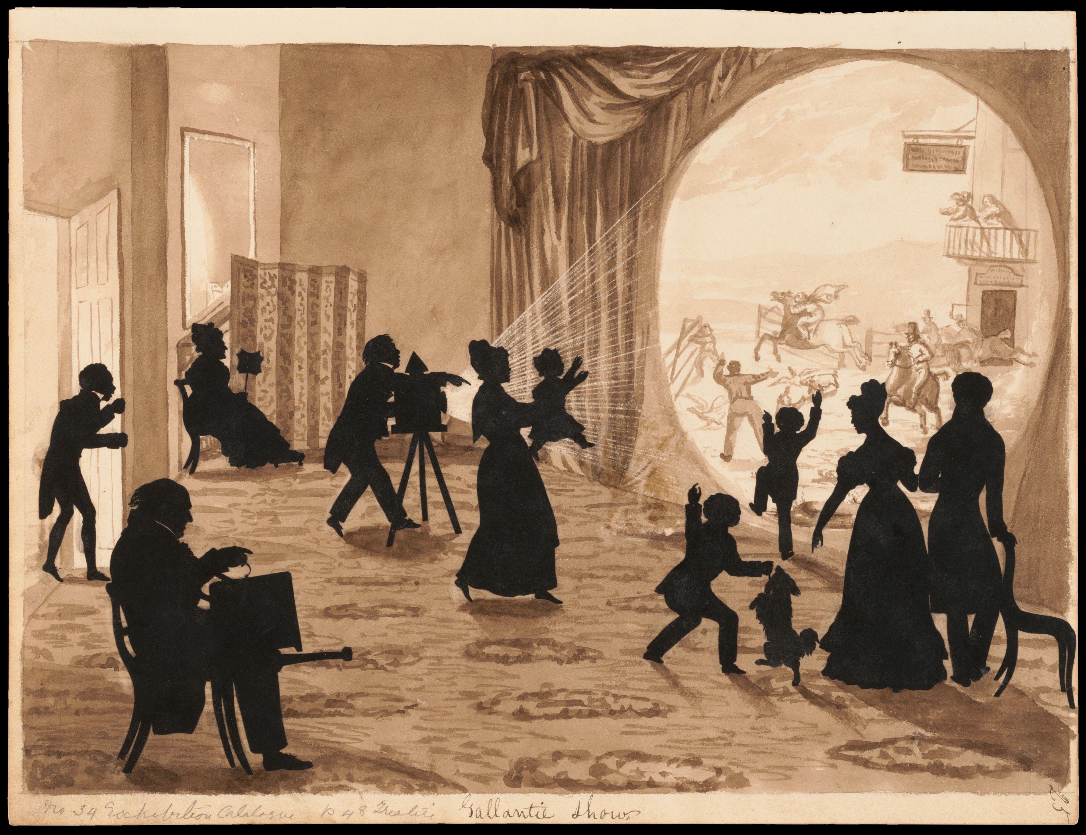 Black paper silhouettes depict a lantern operator, a seated organ player, adults and children watching a large projected scene in a domestic room.