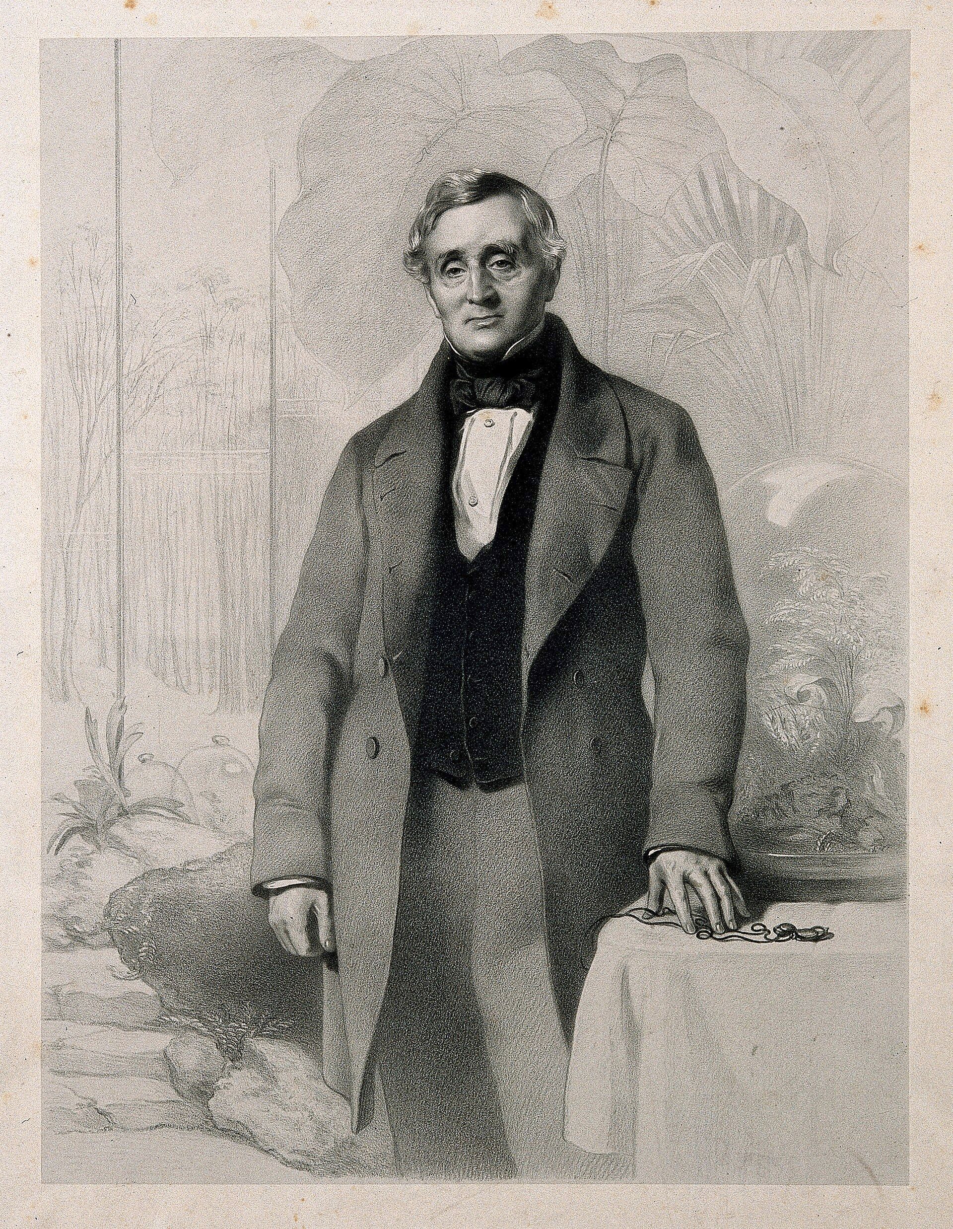 Nathaniel Bagshaw Ward standing beside a table in a nineteenth-century lithograph.