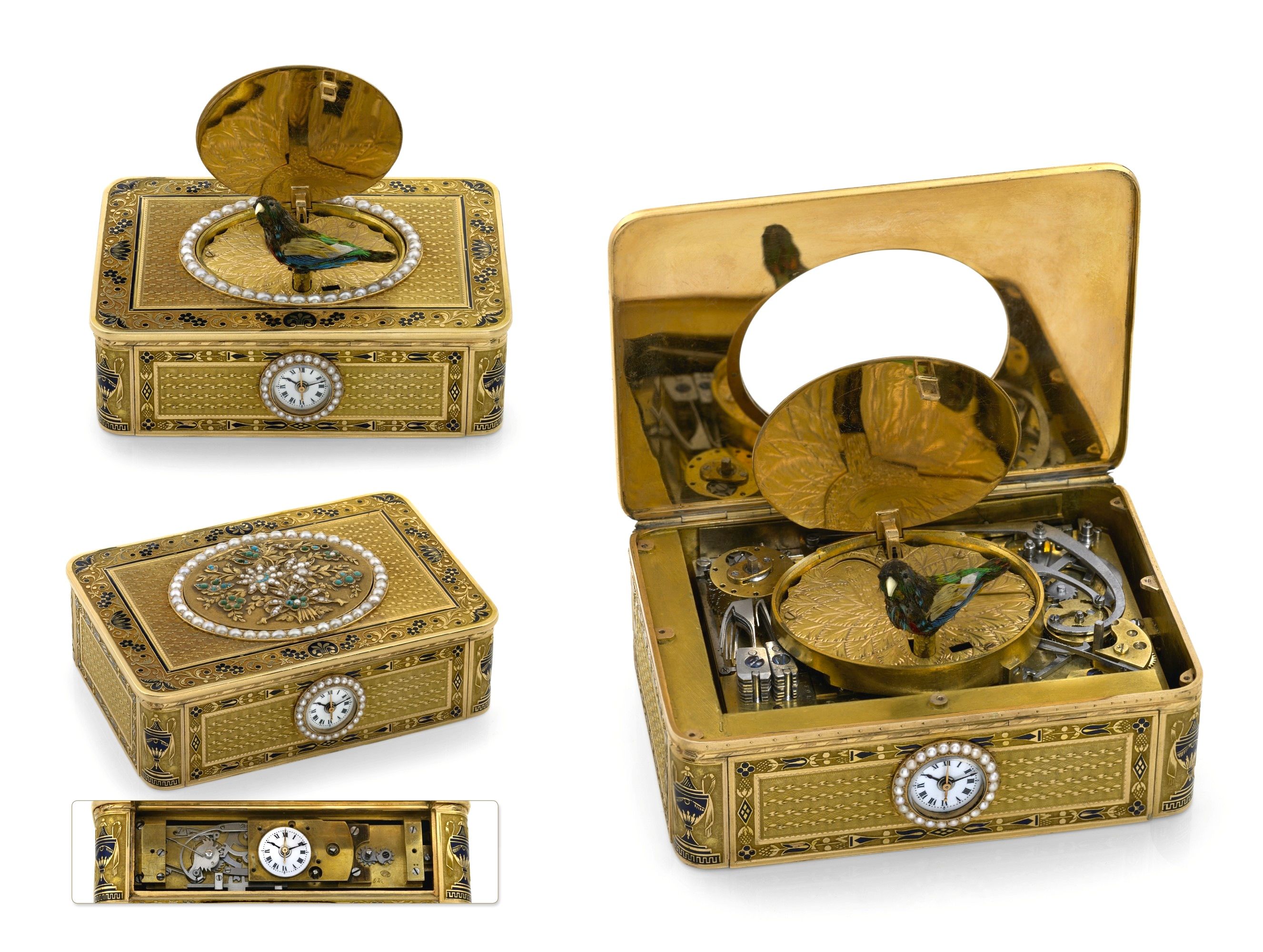 Three views of a gold Rochat bird box, including its watch, raised bird and exposed internal mechanisms