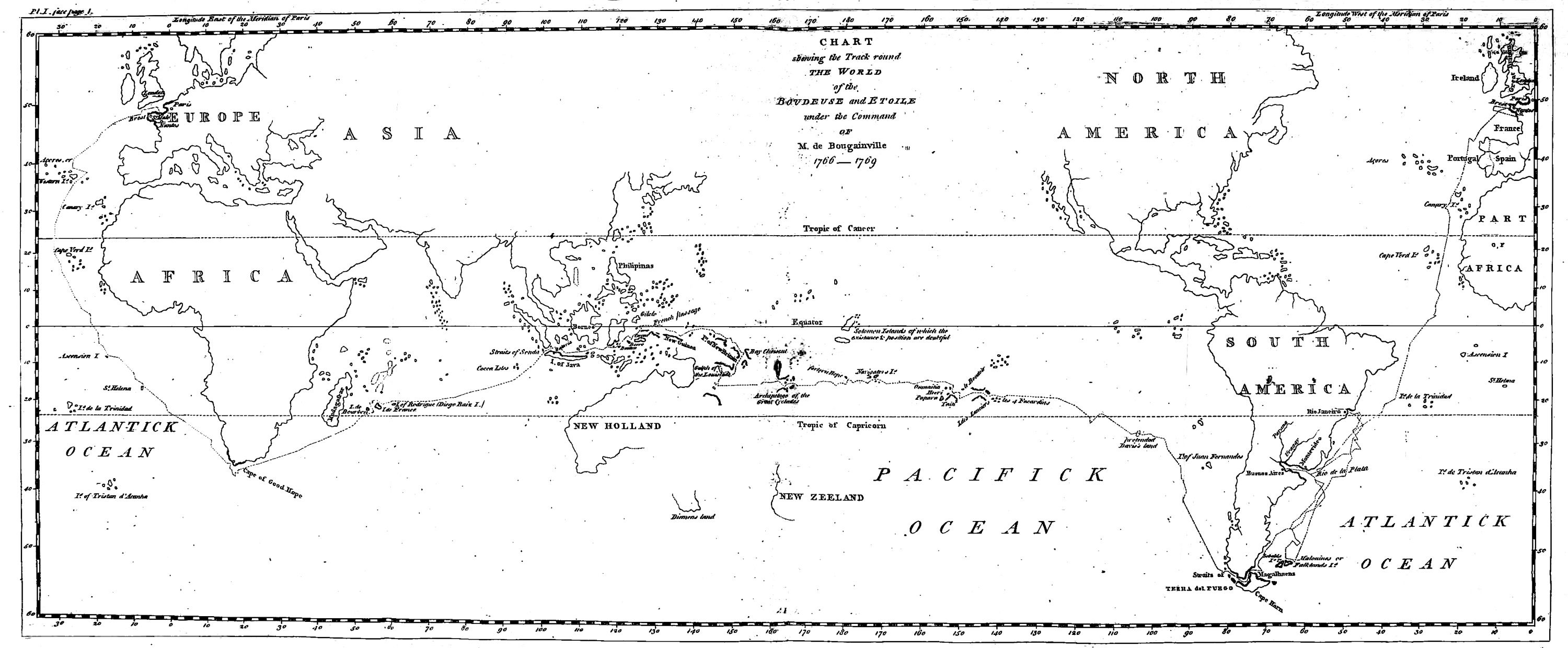 An eighteenth-century world chart tracing the Boudeuse and Étoile through the Atlantic, Strait of Magellan, Pacific and Indian Ocean