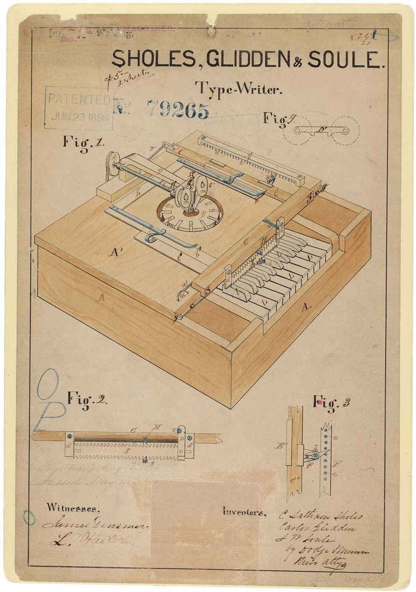 An 1868 coloured patent drawing of a writing machine, with piano-like keys, circular type mechanism and a flat paper frame
