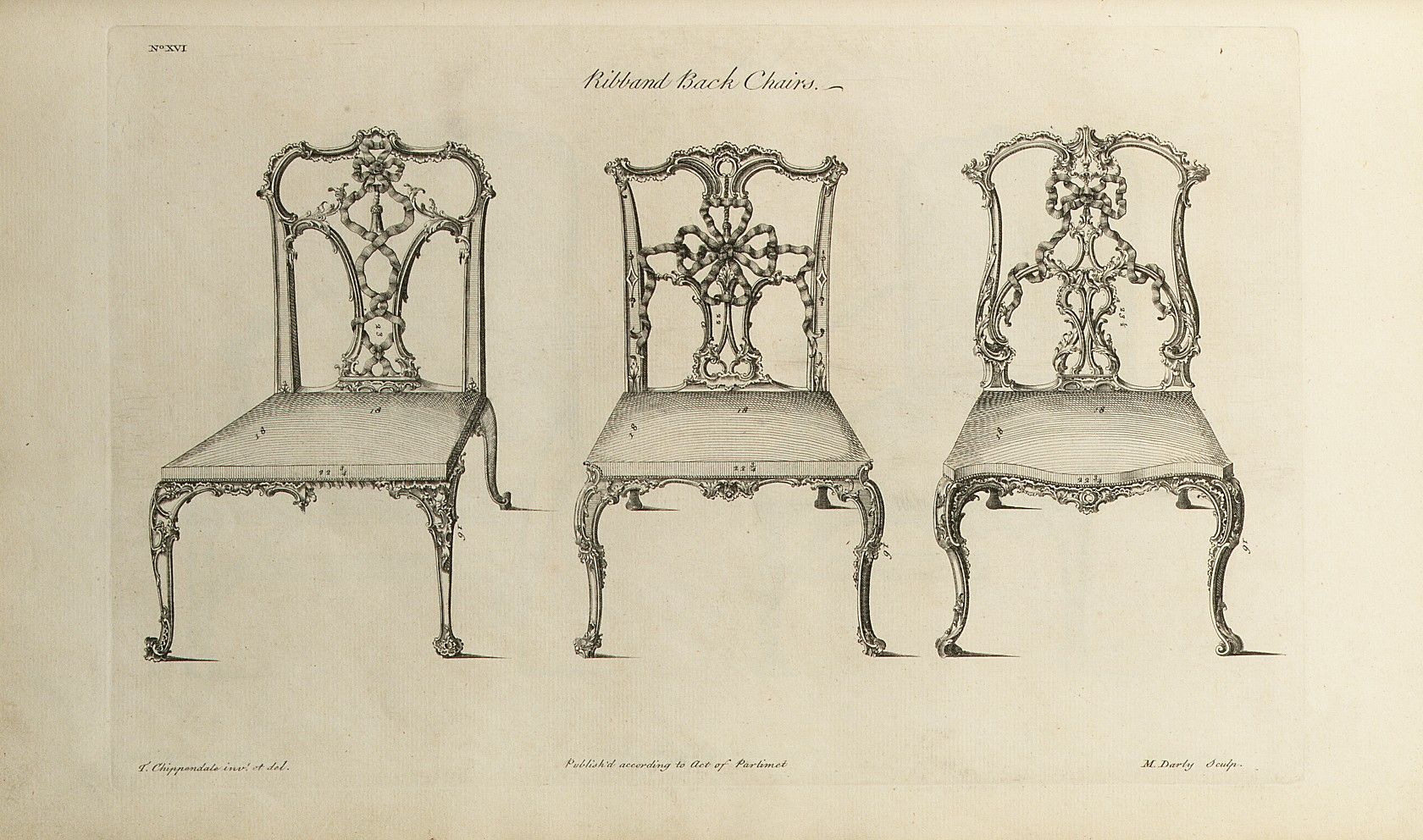 The engraved plate of three ribbon-back chairs from the 1754 Director, with the designs reversed from the drawing
